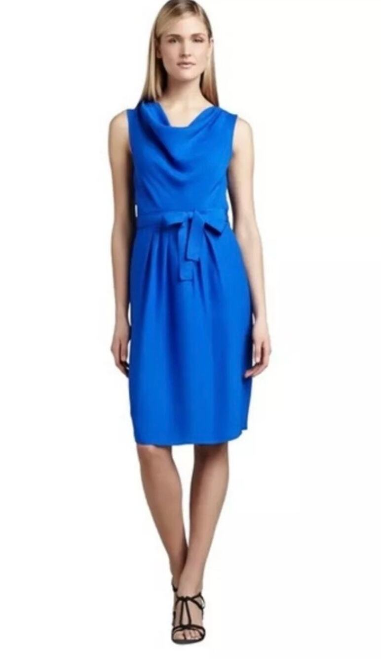 Magaschoni Blue Cowl Drape Belted Dress 6